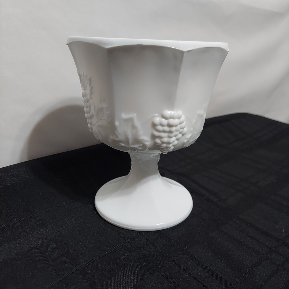 Vintage Indiana Glass Harvest Grape Milk Glass Pedestal Compote/Planter 6 1/2"